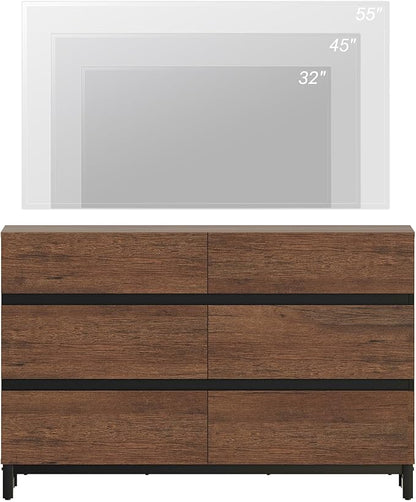 WAMPAT Dresser for Bedroom, Modern Wood Dresser with 6 Drawers, Chest of Drawers with Metal Base, Closet Organizers Storage for Living Room, Bedroom, Brown