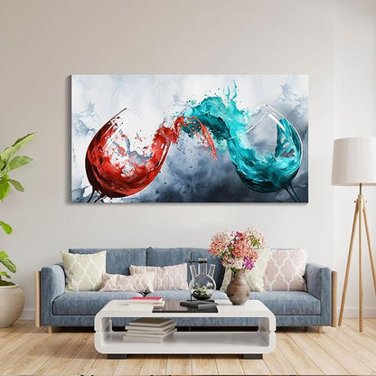 Pogusmavi Dining Room Wall Art - Blue & Red Wine Cups Canvas 30x60IN