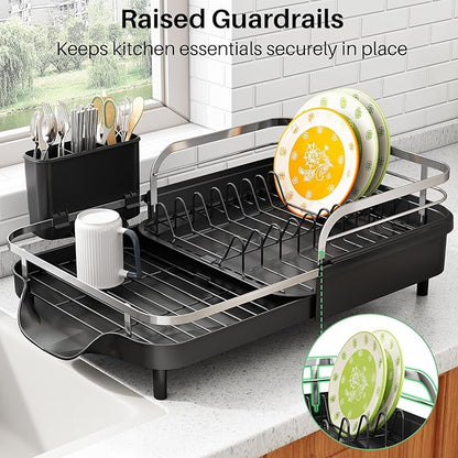 SAYZH Dish Drying Rack - Expandable Dish Rack for Kitchen Counter, Rust-Resistant Dish Drainer with Utensil Holder and Raised Guardrail, Kitchen Organizer for Cup and Bottle (Black)