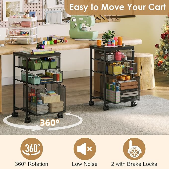 Sbanmao Rolling Storage Cart with 1 Large+2S Drawers, Metal Utility Cart on Wheels with Wooden Top, Craft Art Storage Organizer Cart for Classroom, Office, Home
