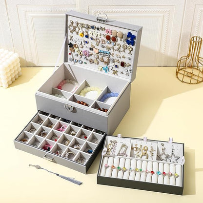 BOOVO Earring Jewelry Box For Women Girl Stud Organizer, 5 Layers Girl Jewelry Organizer Box With Lock Earring Holder Organizer Necklace Ring Jewelry Organizer Box For Girls (grey)