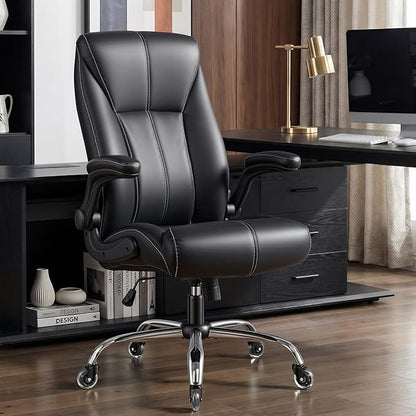 Big and Tall Office Chair for Heavy People, 500LBS High Back Extra Wide Executive PU Leather Office Chair with Flip-Up Armrests, Quiet Rubber Wheels, Comfortable Home Office Desk Chair