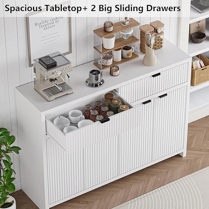 Fluted Sideboard Buffet Cabinet with Storage and Large Drawers, 55" W Credenza Storage Cabinet for Living Room or Entryway, 40'' H Farmhouse Buffet Table with Adjustable Shelves, Console Cabinet