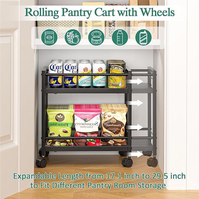 2 Pack 2-Tier Expandable Rolling Pantry Cart with Wheels, Adjustable Floor Organizer for Kitchen Pantry, Can Organizer for Pantry, Storage Cart for Snack, Food, Vegetables, Black, Patent Pending