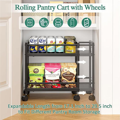 2-Tier Expandable Rolling Pantry Cart with Wheels, Adjustable Floor Organizer for Kitchen Pantry, Can Organizer for Pantry, Storage Cart for Snack, Food, Vegetables, Black, Patent Pending