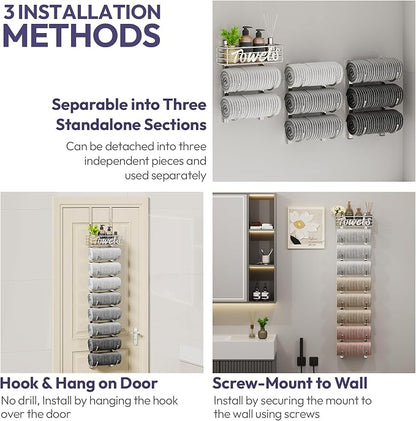SWTYMIKI Hanging Towel Racks for Bathroom - 9 Tier Over the Door & Wall Mounted Bath Rolled Towel Storage Organizer Holder for Small Bathroom, RV, Camper (Polished Nickel, 9-Tier)