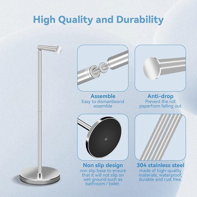 RRM Toilet Paper Holder Stand, Bathroom Free Standing Toilet Paper Holders with Reserve Storage 3-4 Toilet Paper Rolls, 22-inch Stainless Steel Toilet Paper Holder Stand (Brushed)