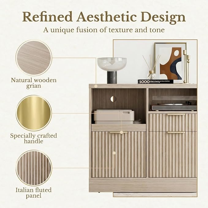 3 Drawer File Cabinet, Fluted Filing Cabinet for Home Office with Charging Station, Wooden Office Cabinet Fits for A4/Letter-Sized Files, Printer Stand with Storage Shelves, Light Oak