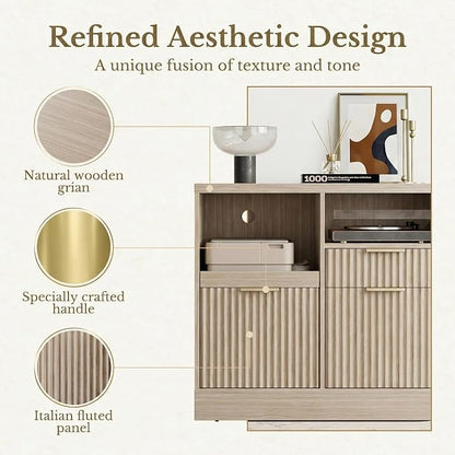 3 Drawer File Cabinet, Fluted Filing Cabinet for Home Office with Charging Station, Wooden Office Cabinet Fits for A4/Letter-Sized Files, Printer Stand with Storage Shelves, Light Oak
