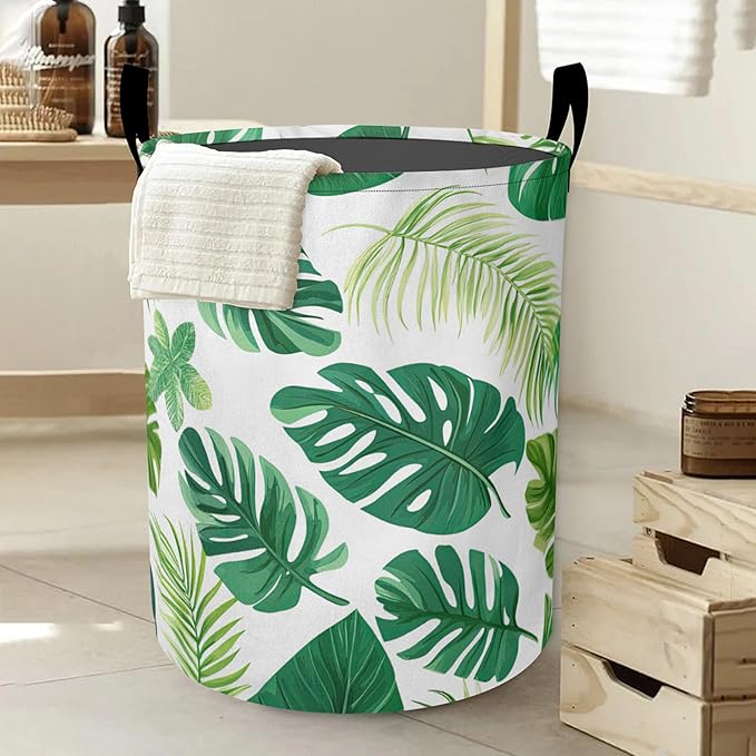 Tropical Palm Leaves Laundry Hamper Large Canvas Fabric Lightweight Storage Basket/Dirty Clothes Collapsible Waterproof for College Dorms, Boys and Girls Bedroom,Bathroom