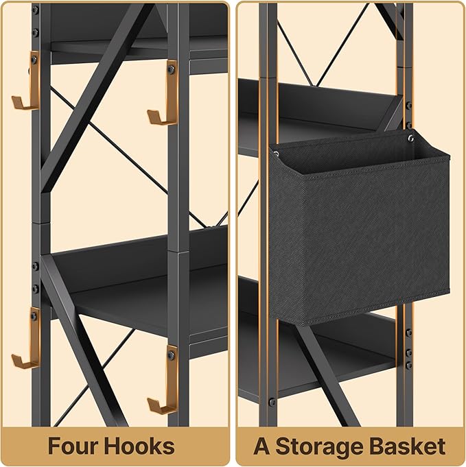 Gizoon 65" H Bookshelf, Reversible Corner Bookshelf, 5 Tier Industrial Bookcase, with 4 Hooks, Metal Frame and Wooden Board, Freestanding Display Shelf for Living Room, Kitchen, Home Office, Black