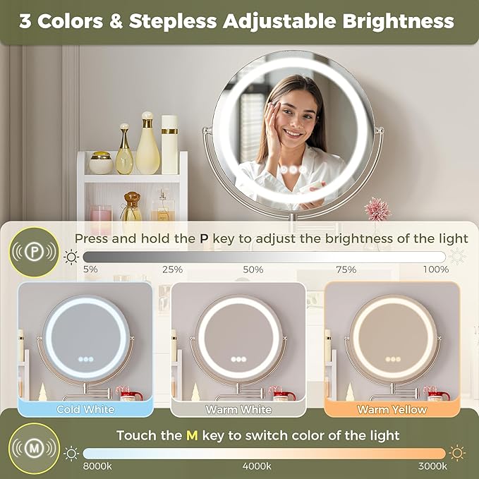 IRONCK Vanity Desk with 360° Rotating LED Mirror & Power Outlet, Makeup Vanity with 6 Slot Compartments & Storage Stool & Hairdryer Rack, White Dressing Table with Drop Leaf for Girls Women Bedroom