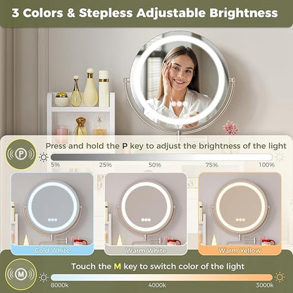 IRONCK Vanity Desk with 360° Rotating LED Mirror & Power Outlet, Makeup Vanity with 6 Slot Compartments & Storage Stool & Hairdryer Rack, White Dressing Table with Drop Leaf for Girls Women Bedroom