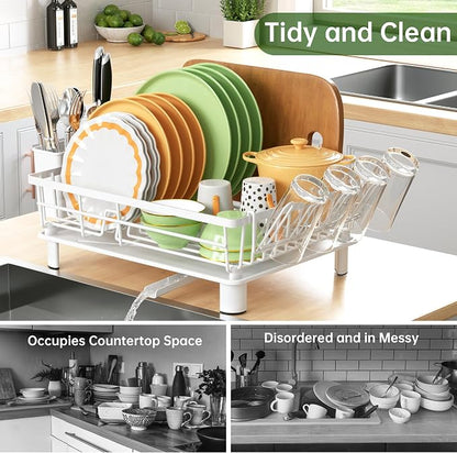 Dish Drying Rack, Dish Racks for Kitchen Counter, Detachable Dish Drainer with Drainboard, Utensil Holder, Cup Holder, Space Saving Kitchen Drying Rack for Small Home and Appartment, White