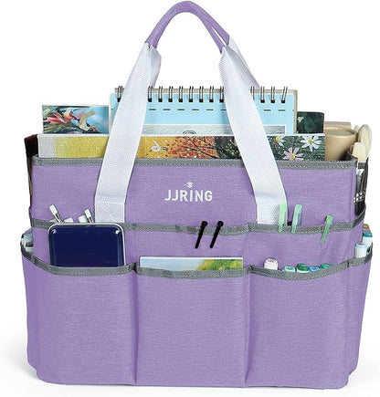 JJRING Craft Organizer Tote Bag, Large Art Storage Caddy with Multiple Pockets, Lilac Sewing Bag for Art, Craft, Scrapbooking, School, Medical, and Office Supplies Storage
