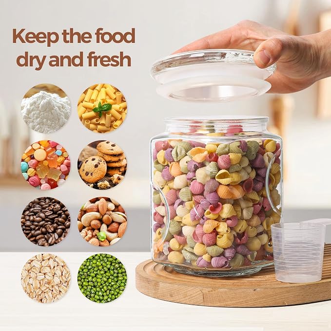 ComSaf 2 qt Glass Flour and Sugar Storage Containers Set of 2, Wide Mouth Half Gallon Square Airtight Pantry Jars with Lids, Thick Glass Kitchen Canisters for Cookies, Coffee, Snacks