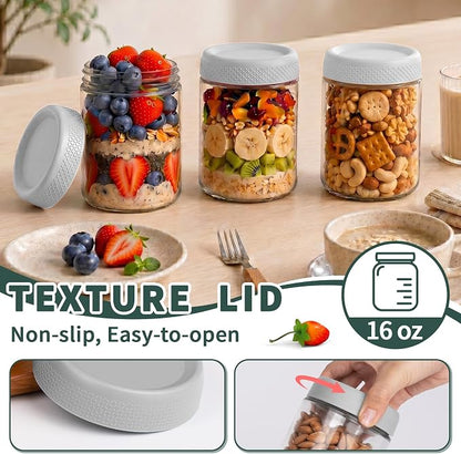 6 Pack Mason jars, 16 oz Overnight oats Containers with Lids, Parfait Cups with Lids for Yogurt, Oatmeal, Glass Jar with Lid for Storage, Food, Pudding, Sugar, Salad, Snack, Kitchen, Jam(Gray)