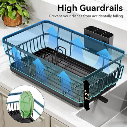TOOLF Dish Drying Rack, Dish Racks for Kitchen Counter, Stainless Steel Sink Organization and Storage Essentials with Cutlery Holder, Dish Drainer, Home and Appartment Decor, 12.4''W x 16.5''L, Black