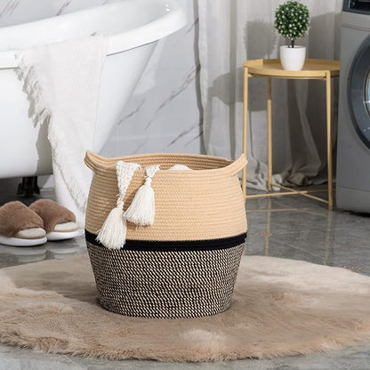 KAKAMAY Woven Baskets for Storage(17"x17"),Large Cotton Rope Woven Baby Laundry Hamper,Collapsible Laundry Basket, Blanket Basket for Organizing Living Room,Nursery,Clothes,Toy chest (Black)