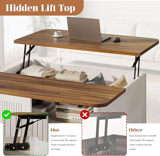 Lift Top Coffee Table with Storage, 31.5" Mid Century Modern Square Coffee Tables for Living Room, Large Hidden Storage Compartment, Adjustable Shelves & Sliding Door, White