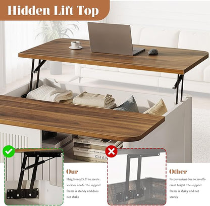 Lift Top Coffee Table with Storage, 31.5" Mid Century Modern Square Coffee Tables for Living Room, Large Hidden Storage Compartment, Adjustable Shelves & Sliding Door, White