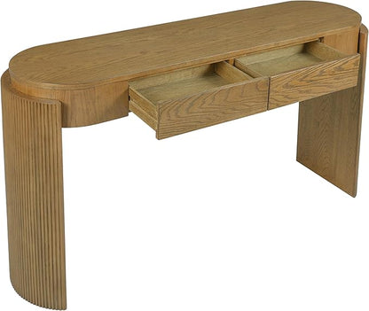 Entryway Table with Natural Wood Grain Finish, Console Table with Fluted Design, Oval Top and 2 Drawers for Entryway and Living Room (Pine Wood)