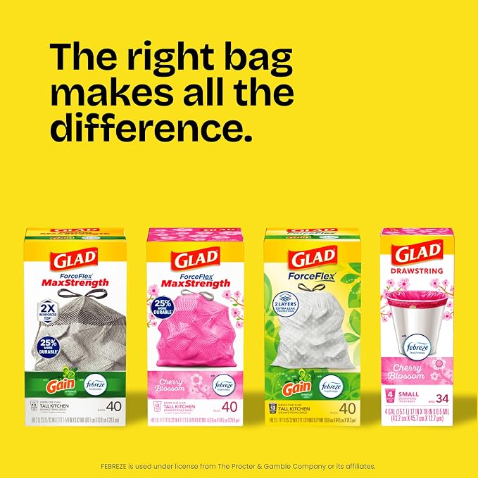Glad ForceFlex Tall Kitchen Drawstring Trash Bags, 13 Gal, Fragrance Free, 140 Ct (Package May Vary)