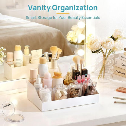 Vtopmart 5 PCS Bathroom Countertop Organizer, 1 Divided Tray with 4 Qtip Holder Jars, Restroom Clear Organizers for Toothbrush, Cotton Pads Balls, Floss, Bathroom Vanity Accessories Storage Set, White