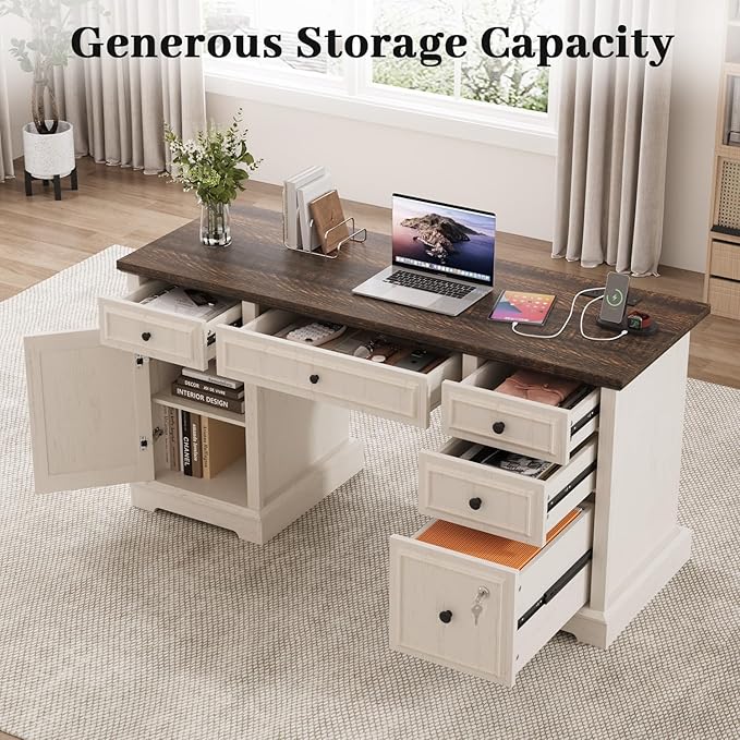 Vipbear 59" Executive Desk, Farmhouse Computer Desk with Drawers, Lockable File Drawer, Storage Cabinet & Power Outlet, Rustic Home Office Desks, Workspace for Work Study Writing, White