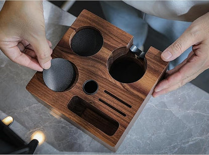 58mm Tamper Station Walnut Portafilter Holder Compact Espresso Organizer with Multi Accessory Storage Espresso Machine Accessories for Coffee Bar