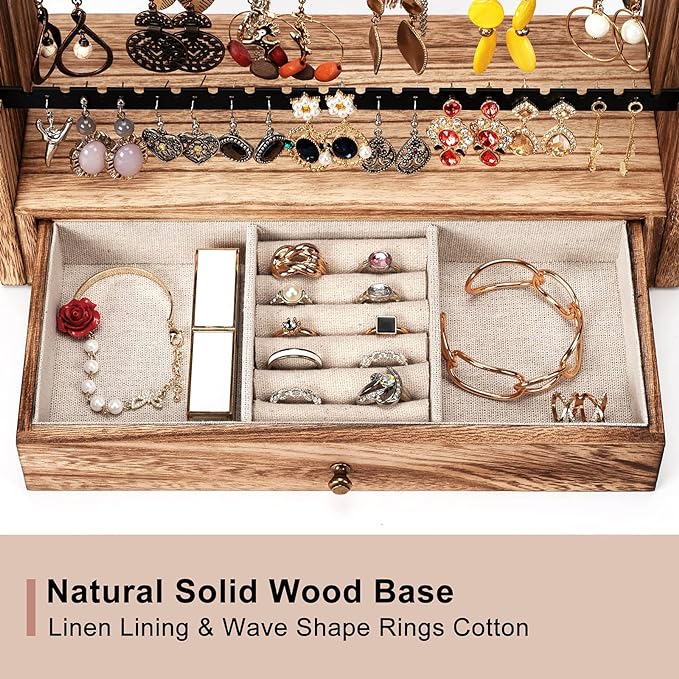 Pinzoveco Earring Organizer, 5 Layer Earring Holder Organizer with Necklace Holder Pole, Rustic Wood Jewelry Organizer Stand Display for Stud Earring Bracelet Necklace Ring, 175 Earring Holes