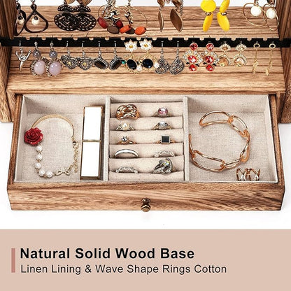 Pinzoveco Earring Organizer, 5 Layer Earring Holder Organizer with Necklace Holder Pole, Rustic Wood Jewelry Organizer Stand Display for Stud Earring Bracelet Necklace Ring, 175 Earring Holes