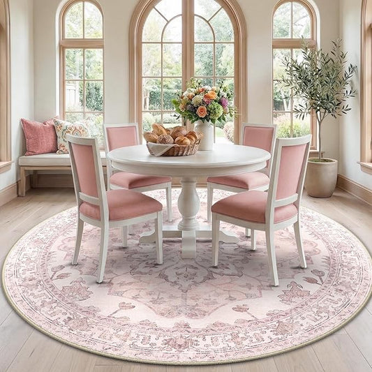 RELEANY Area Rugs Round 7ft Washable Non-Slip, Floral Vintage Distress Medallion Carpet for Living Room Bedroom Dining Room, Pink Greypink Cute