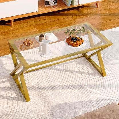 Wolawu Coffee Table Gold Glass Coffee Table for Living Room,Modern Rectangular Center Table with Sturdy Metal Frame,Tempered Glass Table Tea Tables for Bedroom Home Office