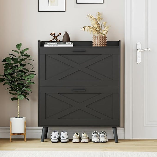Homleke 32" W Farmhouse Shoe Storage Cabinet with 2 Flip Drawers and Barn Door Design, Adjustable Shelves, Modern Hidden Slim Narrow Shoe Rack Cabinet for Entryway, Foyer, Hallway, Living Room, Black