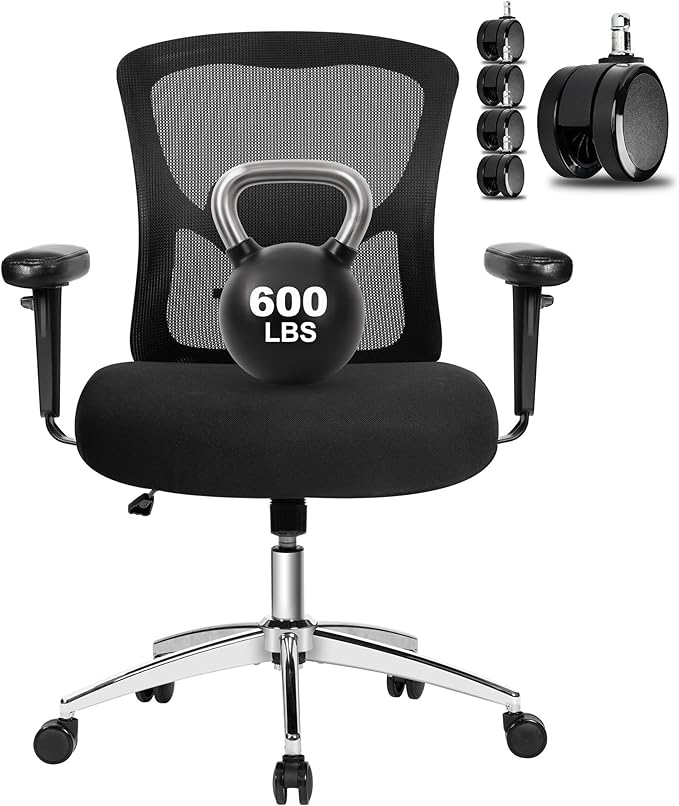 Big and Tall Office Chair 600lbs, Heavy Duty Ergonomic Mesh Chair, Computer Executive Desk Chair with Wide Thick Seat, Adjustable Armrests, Lumbar Support