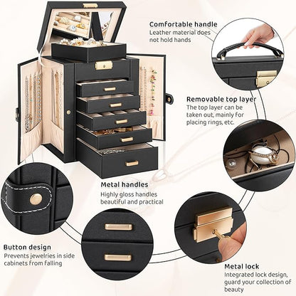AKOZLIN 6-Tier Jewelry Box Lockable Leather Jewelry Storage Case with 5 Drawers for Women Girls Ring Necklace Earring Bracelet Holder Organizer with Mirror