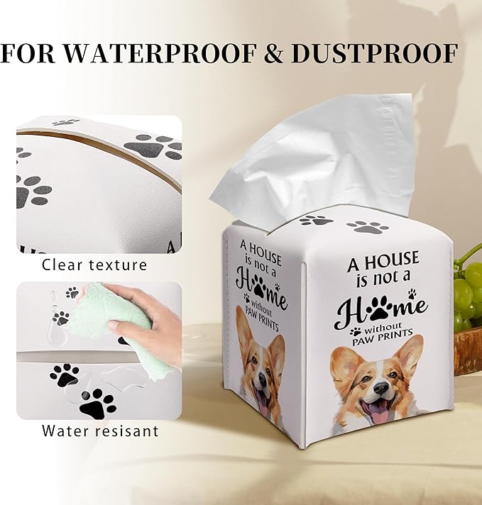 Grace Yonks Cute Corgi Tissue Box Cover Square, Corgi Dog Cube Case for Facial Tissues, 5.2" PU Leather(040)