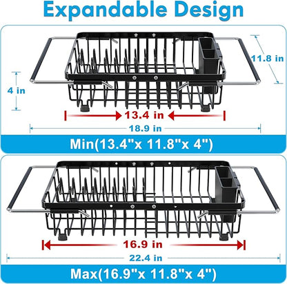 JASIWAY in Sink Dish Drying Rack, Expandable Stainless Steel Dish Drainers for Kitchen Sink, Over Sink Dish Drying Rack with Utensil Holder, 13.4''~16.9''D x 11.8''W, Black