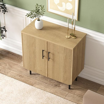 Sideboard Buffet Set of 2, Storage Cabinet with 2 Doors, Adjustable Shelf, Fluted Accent Cabinet for Living Room, Modern,Natural