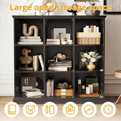 IRONCK Wooden 9 Cube Storage Organizer, Cube Shelf Organizer with Storage, Farmhouse Short Bookshelf for Bedroom, Living Room and Home Office, Black