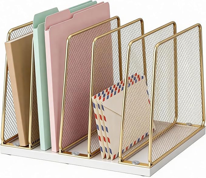 LEKETREE Gold Desk File Organizer, 5-Section Upright File Sorter, Vertical File Folder Holder, Mesh Metal Wood Office Desk Organizer for Document, Magazine, Books and more (White and Gold)