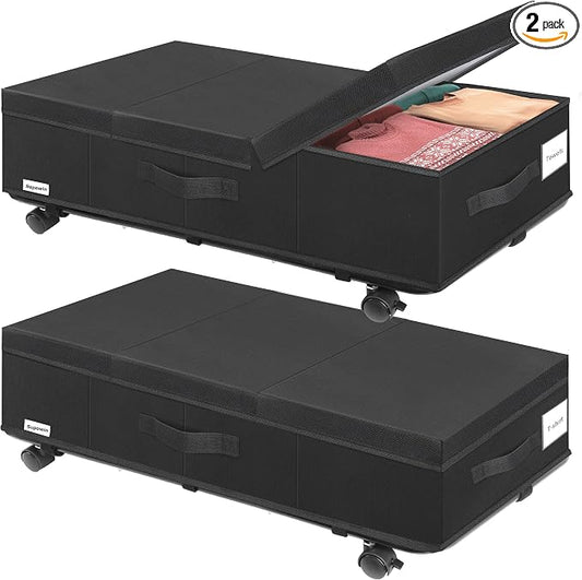 Supowin Under Bed Storage with Wheels, Rolling Underbed Storage Containers with Lids, Under Bed Shoe Storage Bins Organizer with Reinforced Metal Bottom Support and Three Handles