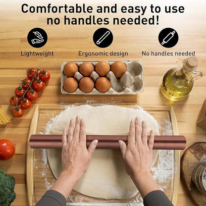 Zulay Kitchen 15.9 inch Professional Stainless Steel Rolling Pin - Lightweight Metal French Rolling Pin - Perfect for Baking, Fondant, Pizza Dough Roller, Dumpling - Copper