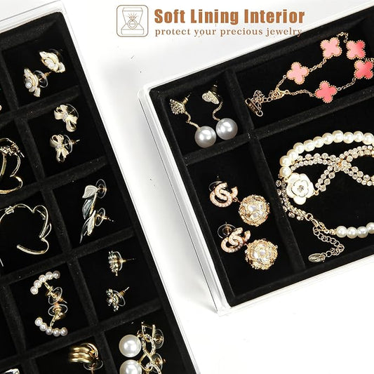 5 Drawers Clear Jewelry Box for Women and Girls, Acrylic Earring Holder Organizer Ring Holder Display Storage, Black