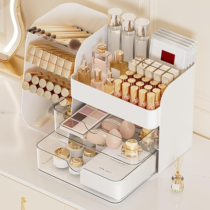 Makeup Organizer with 2 M Drawers & Brush Holders - Cosmetic Storage Case for Vanity, Bathroom Countertop & Desk - Skincare & Office Supplies Organizer (White, M)
