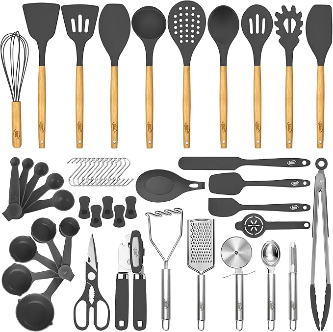 Kaluns 50 PCS Silicone Kitchen Utensils Set Complete Kitchen Set - 800°F Heat Resistant Non-Stick Premium Silicone Cooking Utensils W Wooden Handles - Can Opener, Masher, Turner, Silicone Spatula Set