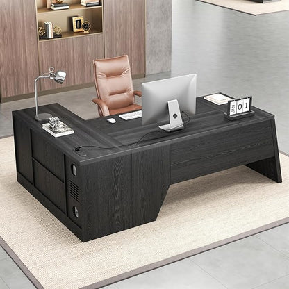 78 Inch L Shape Executive Desk, Large Modern Home Office Desk with Drawer and Cord Hold Management, Wooden Business Furniture for CEO Boss Manager, Black Gray