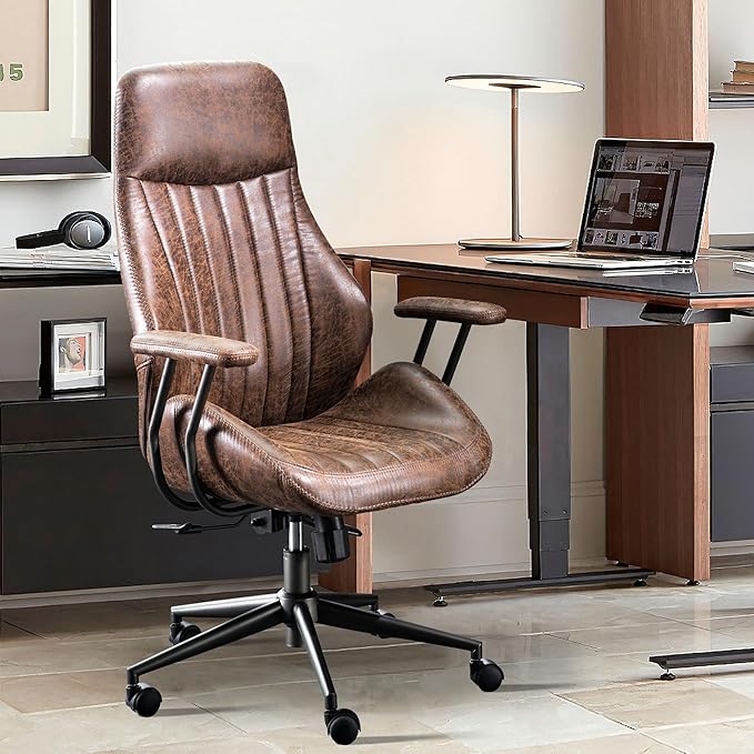 ovios Home Office Chair, Mid-Century Modern Faux Suede Leather Ergonomic Chairs, High Back Comfy Computer Swivel Rolling Task Executive Armchair, Dark Brown