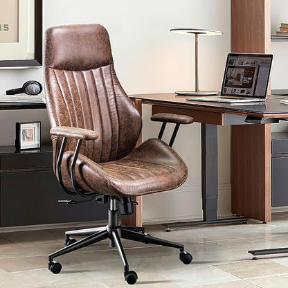 ovios Home Office Chair, Mid-Century Modern Faux Suede Leather Ergonomic Chairs, High Back Comfy Computer Swivel Rolling Task Executive Armchair, Dark Brown